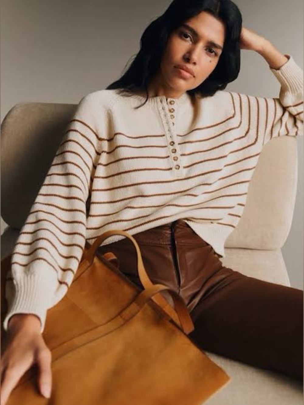 Sezane Léontine Jumper Ecru / Camel - Size L